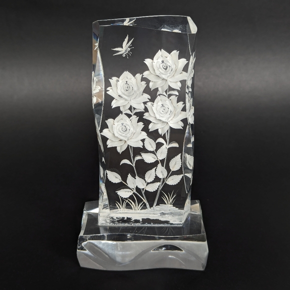 Vintage Reverse Carved Rose & Butterfly Design Lucite / Acrylic Paperweight - Picture 1 of 11